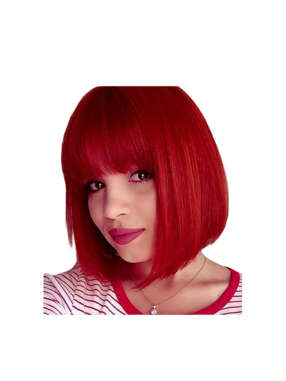 Yoyo Crown vibrant red short bob synthetic wig with straight bangs worn by a woman for cosplay or fashion