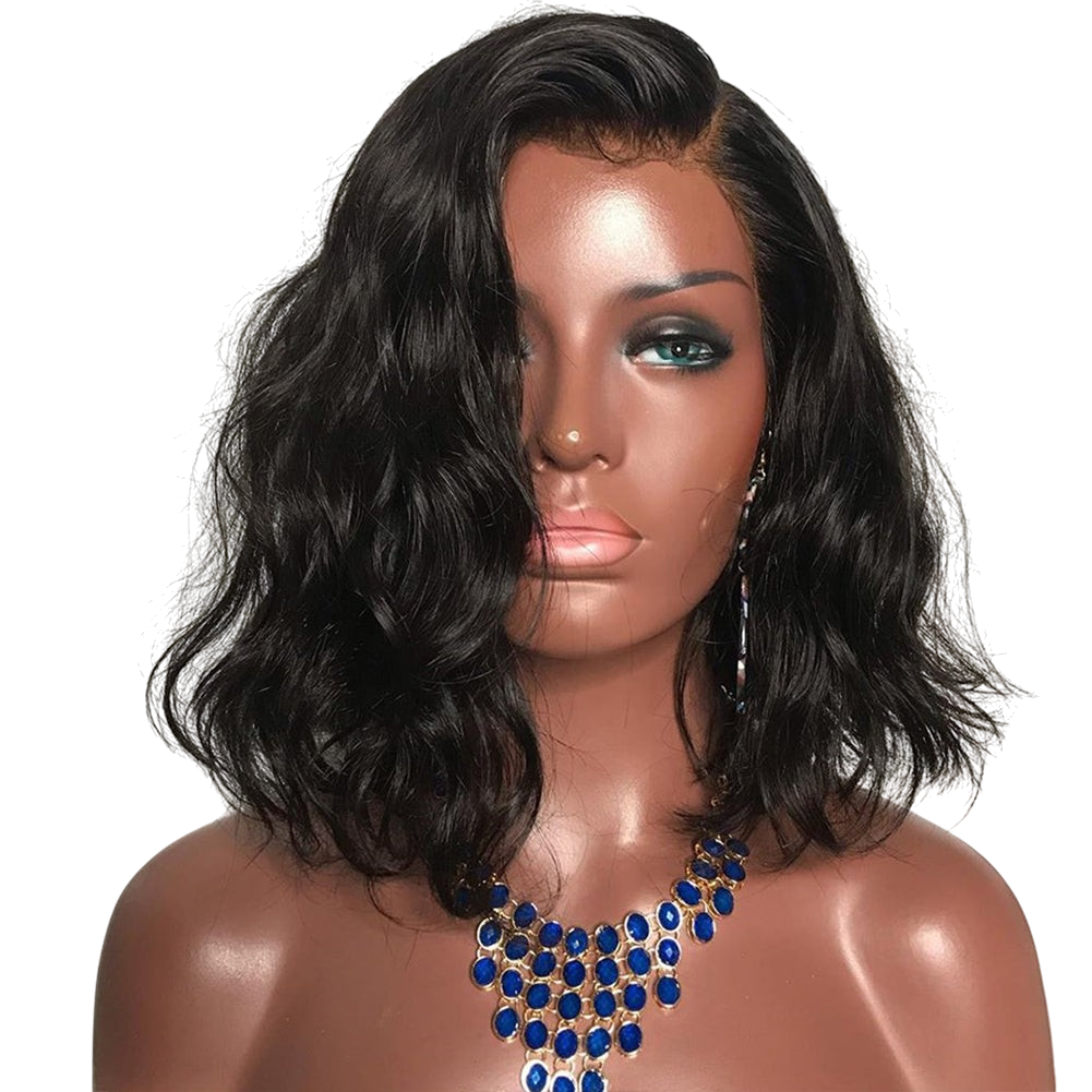 Yoyo Crown short black curly bob lace front wig with long bangs worn by a mannequin with a blue statement necklace