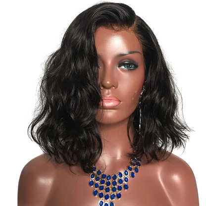 Yoyo Crown short black curly bob lace front wig with long bangs worn by a mannequin with a blue statement necklace