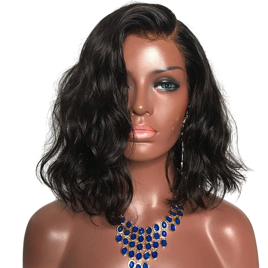 Yoyo Crown short black curly bob lace front wig with long bangs worn by a mannequin with a blue statement necklace