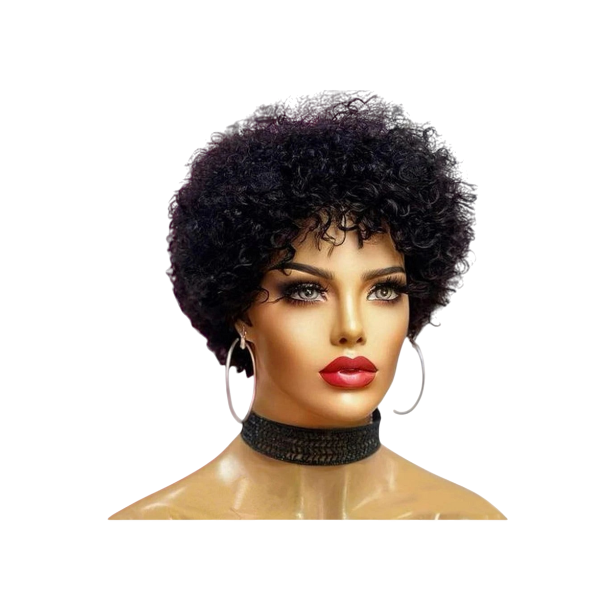 Yoyo Crown short black afro kinky curly wig on a mannequin head with hoop earrings and a black choker