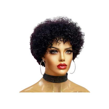 Yoyo Crown short black afro kinky curly wig on a mannequin head with hoop earrings and a black choker