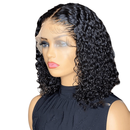 Yoyo Crown short black afro curly wig on a mannequin head showing a natural lace front and defined ringlet texture