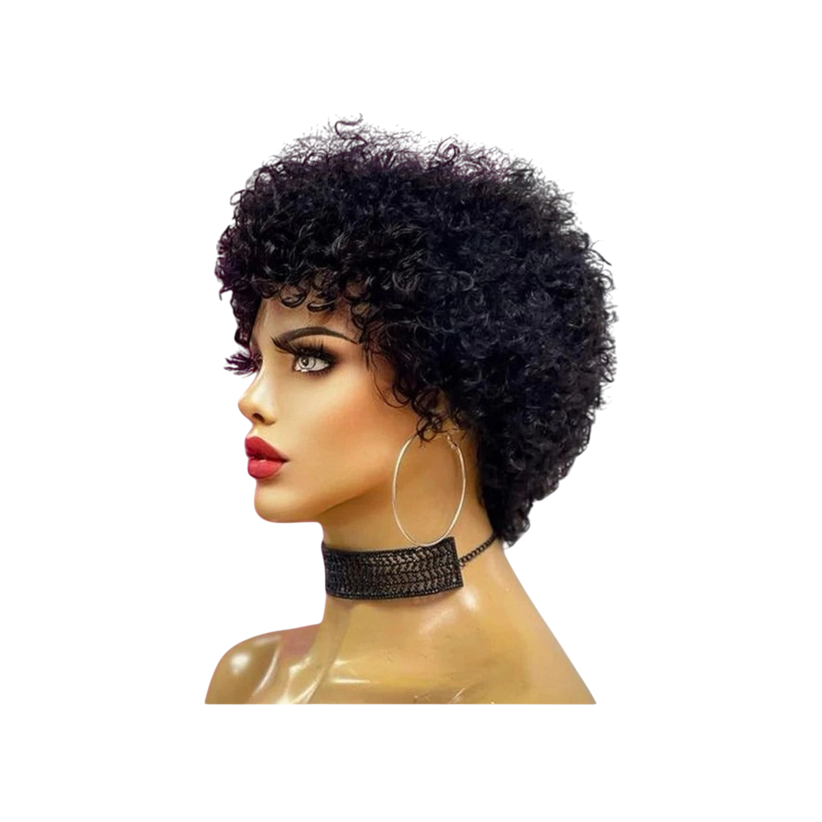 Yoyo Crown short black afro kinky curly wig on a mannequin head with hoop earrings and a black choker