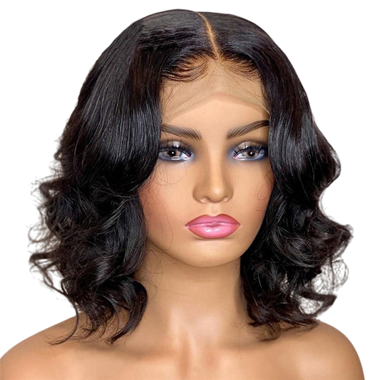 Yoyo Crown short black wavy lace front wig on a mannequin head with a natural-looking center part and bouncy curls.