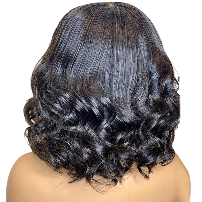 Yoyo Crown short black wig with bouncy big wave curls and a natural lace front view from the back