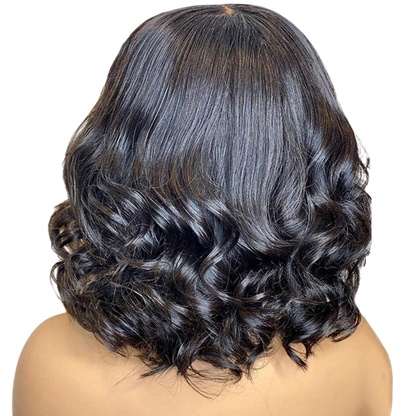 Yoyo Crown short black wig with bouncy big wave curls and a natural lace front view from the back