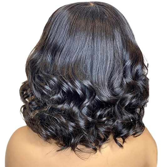Yoyo Crown short black wig with bouncy big wave curls and a natural lace front view from the back