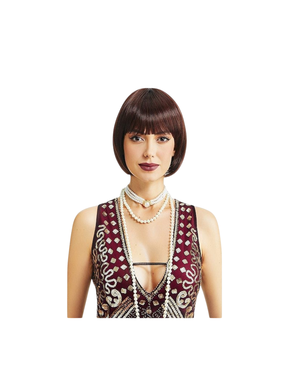 Yoyo Crown short dark brown bob wig with straight bangs worn by a woman in a vintage-style beaded dress