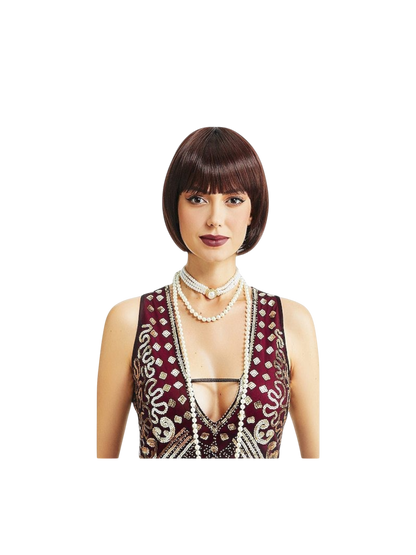 Yoyo Crown short dark brown bob wig with straight bangs worn by a woman in a vintage-style beaded dress