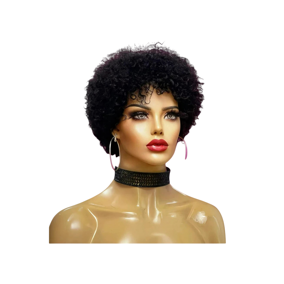 Yoyo Crown short black afro kinky curly wig on a mannequin head with a black choker and hoop earrings