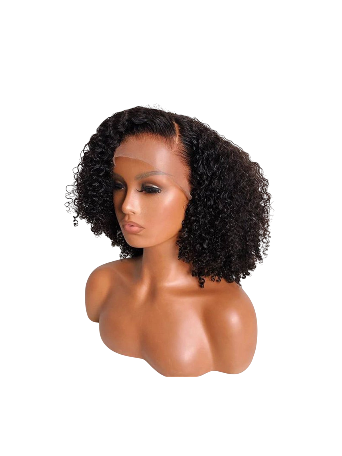 Yoyo Crown short black curly lace front human hair wig on a mannequin head with a natural-looking hairline
