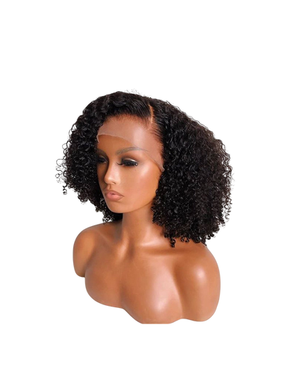 Yoyo Crown short black curly lace front human hair wig on a mannequin head with a natural-looking hairline