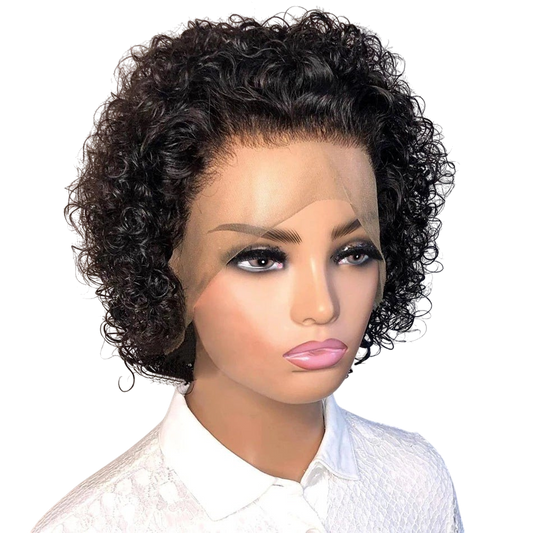 Yoyo Crown short curly pixie lace front human hair wig on a mannequin head with a natural hairline