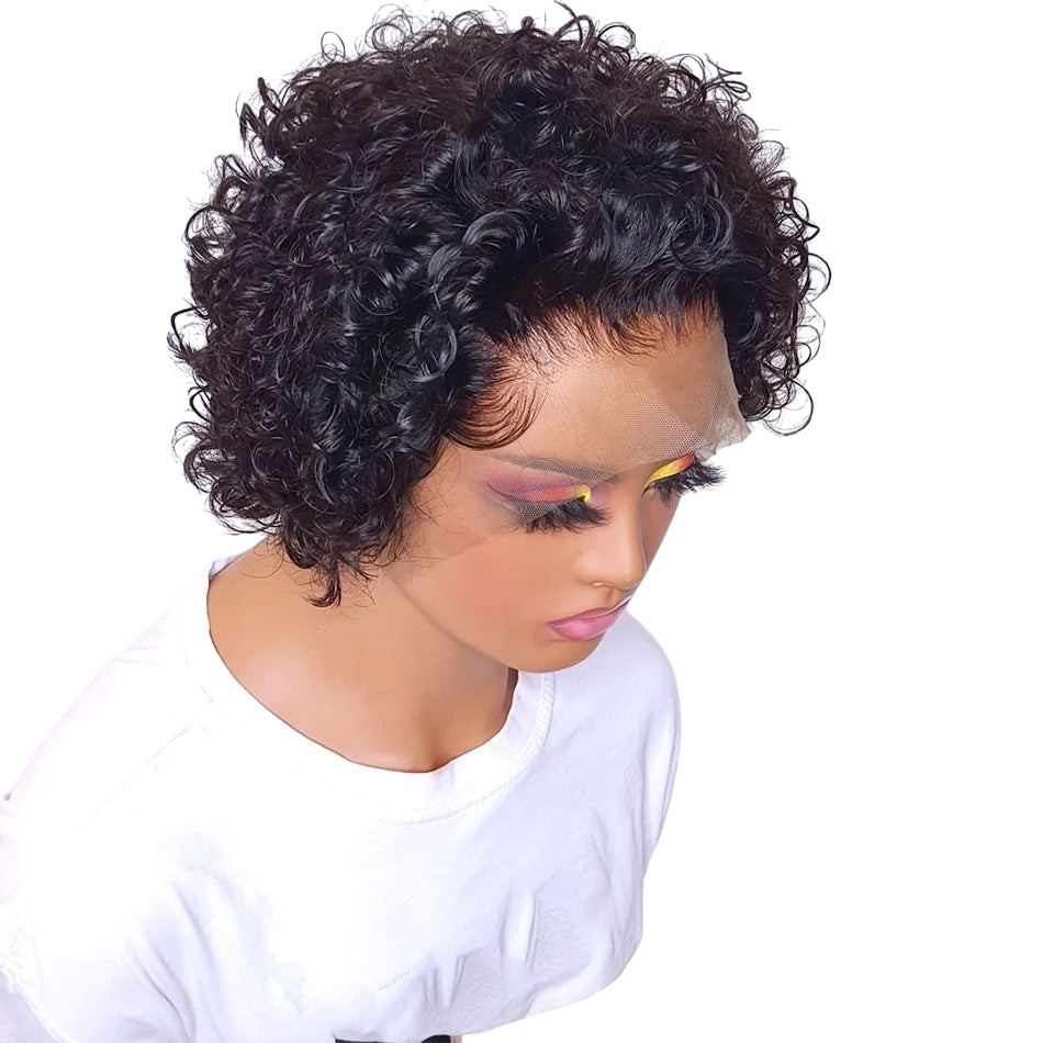 Yoyo Crown short curly pixie lace front wig made from 100% human hair on a mannequin head