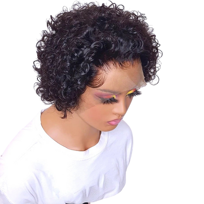 Yoyo Crown short curly pixie lace front wig made from 100% human hair on a mannequin head