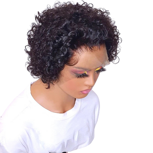 Yoyo Crown short curly pixie lace front wig made from 100% human hair on a mannequin head
