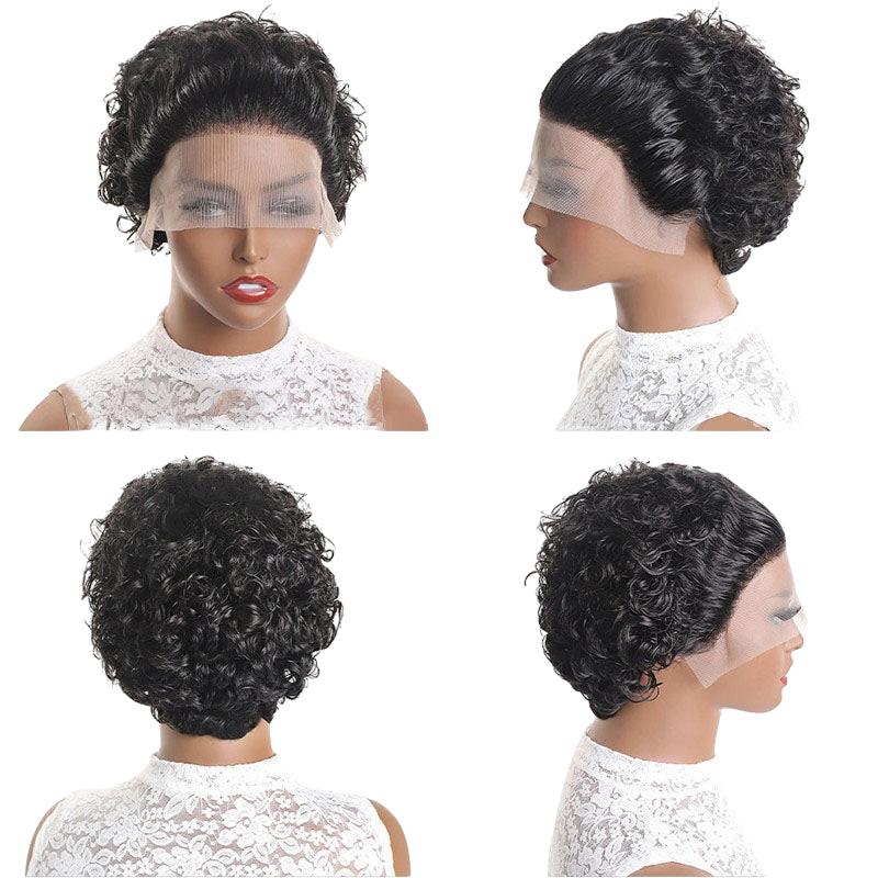 Yoyo Crown short black pixie cut human hair wig with a natural lace front on a mannequin wearing a white lace top