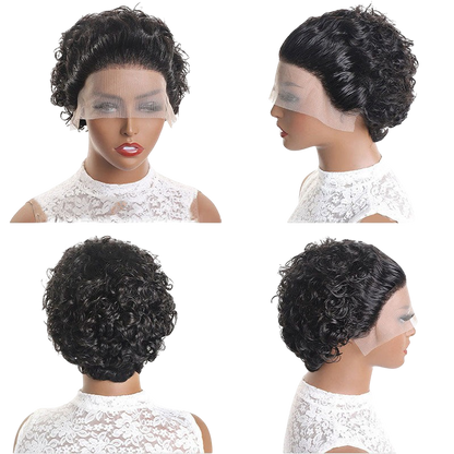 Yoyo Crown short black pixie cut human hair wig with a natural lace front on a mannequin wearing a white lace top