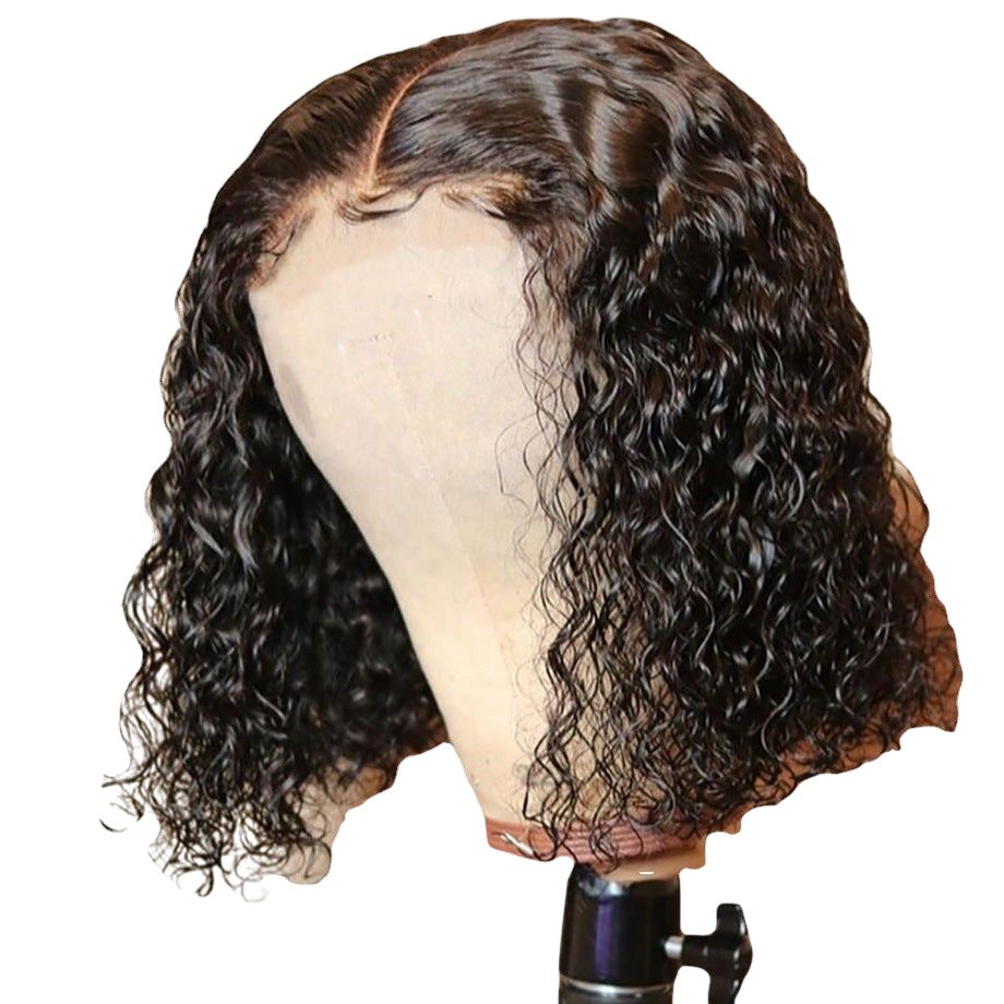 Yoyo Crown short afro curly wig with wet-look texture on a mannequin head, front view