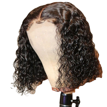 Yoyo Crown short afro curly wig with wet-look texture on a mannequin head, front view