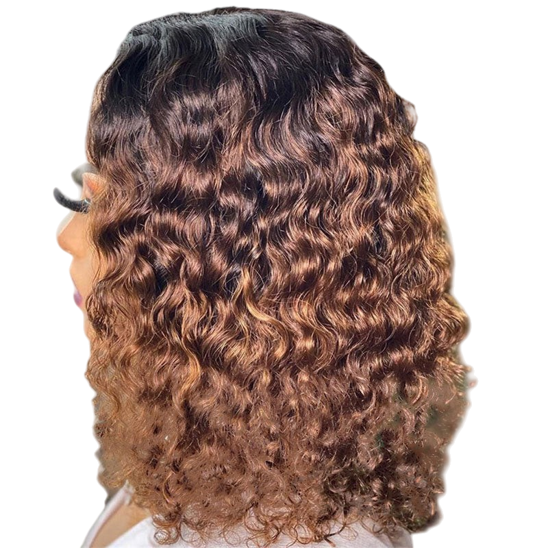 Yoyo Crown short afro curly wig with ombre brown highlights, shown from a side profile view on a model.