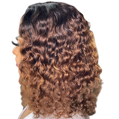 Yoyo Crown short afro curly wig with ombre brown highlights, shown from a side profile view on a model.