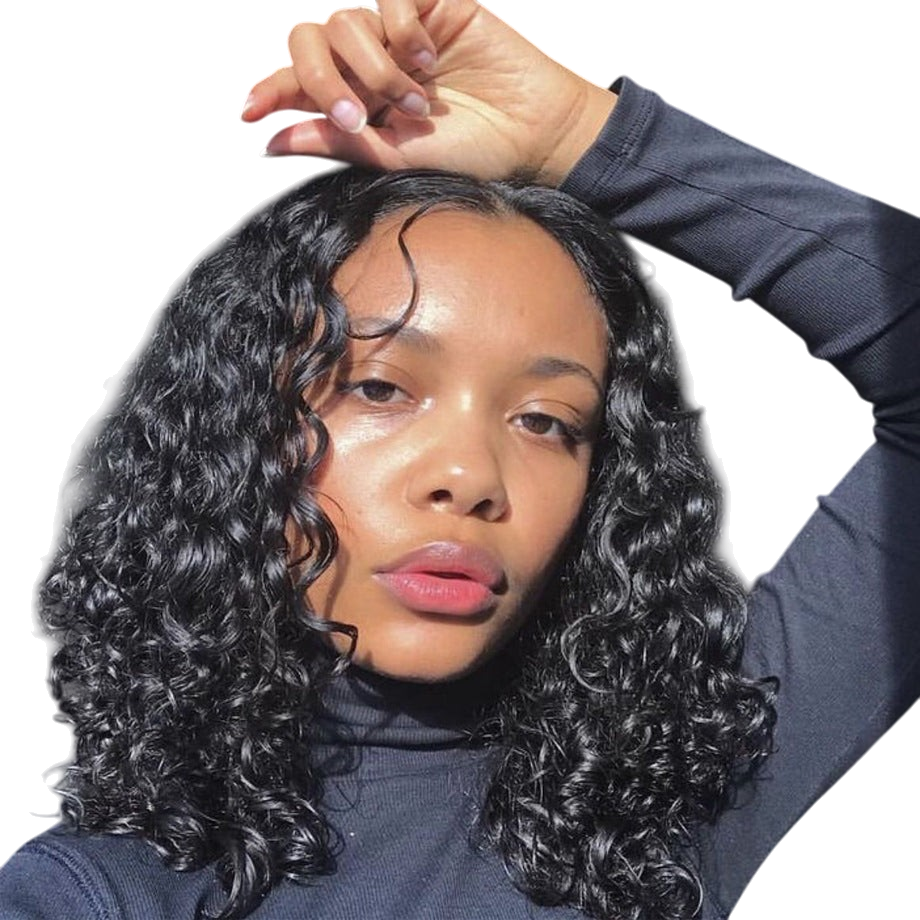 Yoyo Crown Afro Curly Luxe short wig with glossy black ringlet curls worn by a model in a black turtleneck