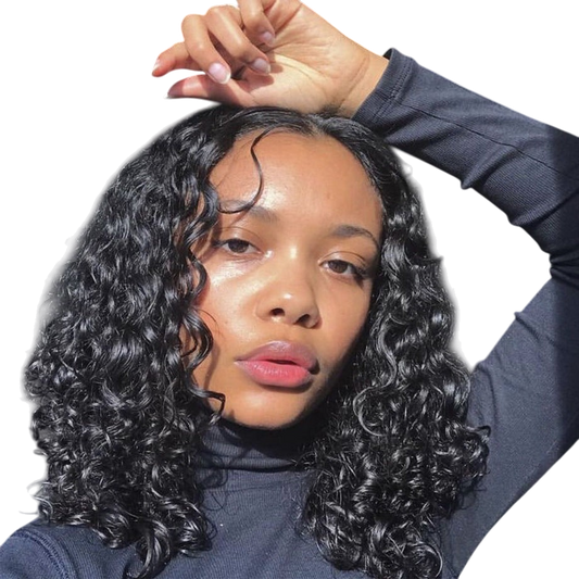 Yoyo Crown Afro Curly Luxe short wig with glossy black ringlet curls worn by a model in a black turtleneck