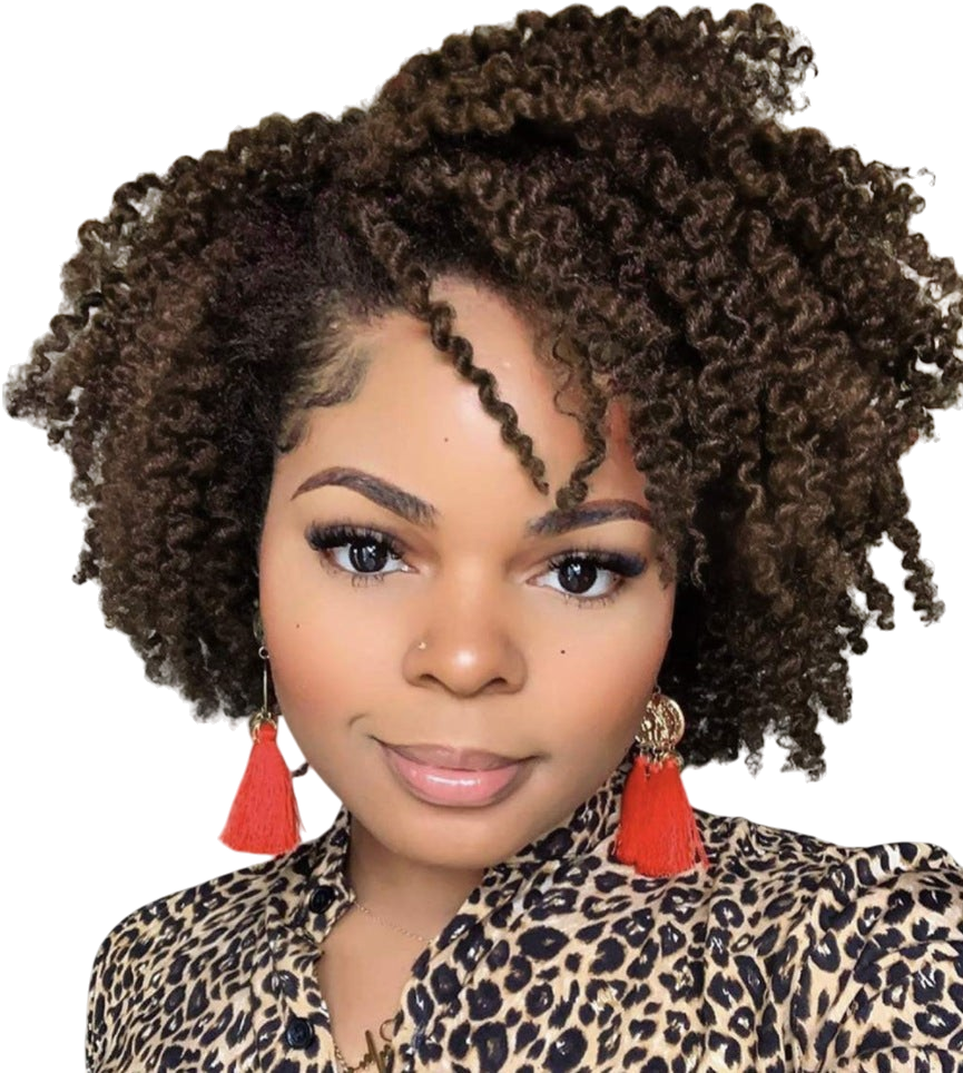 Yoyo Crown short curly wig with oblique bangs on a woman with dark skin wearing a leopard print top and red earrings