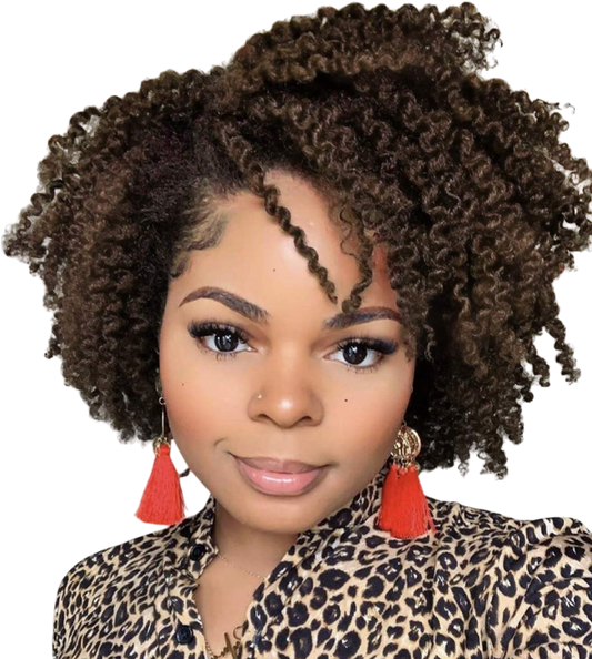 Yoyo Crown short curly wig with oblique bangs on a woman with dark skin wearing a leopard print top and red earrings