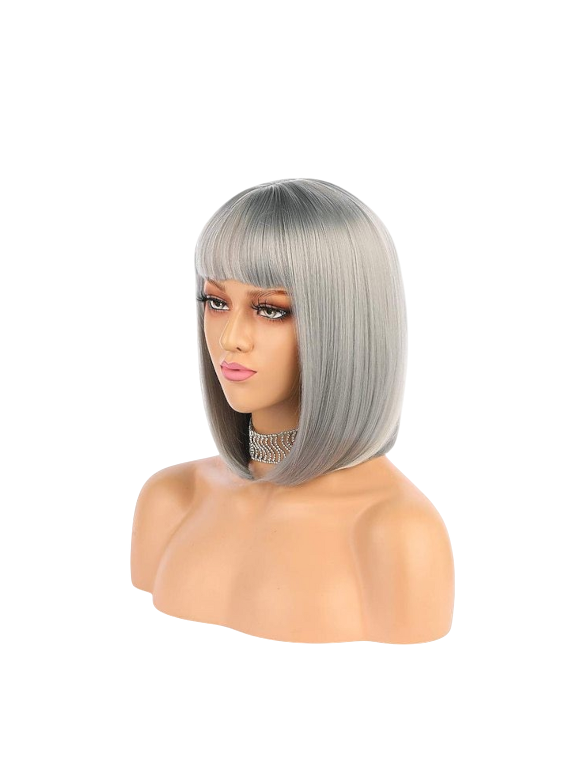 Yoyo Crown silver grey synthetic short bob wig with straight bangs on a mannequin head