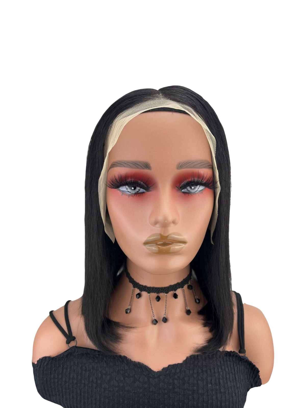 Yoyo Crown 13x4 full frontal straight black bob wig on a mannequin with natural lace hairline and soft styling