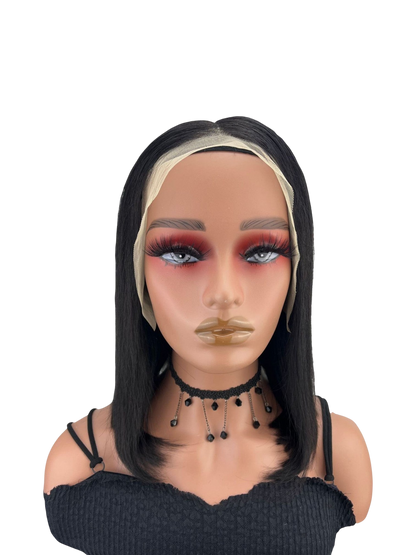 Yoyo Crown 13x4 full frontal straight black bob wig on a mannequin with natural lace hairline and soft styling