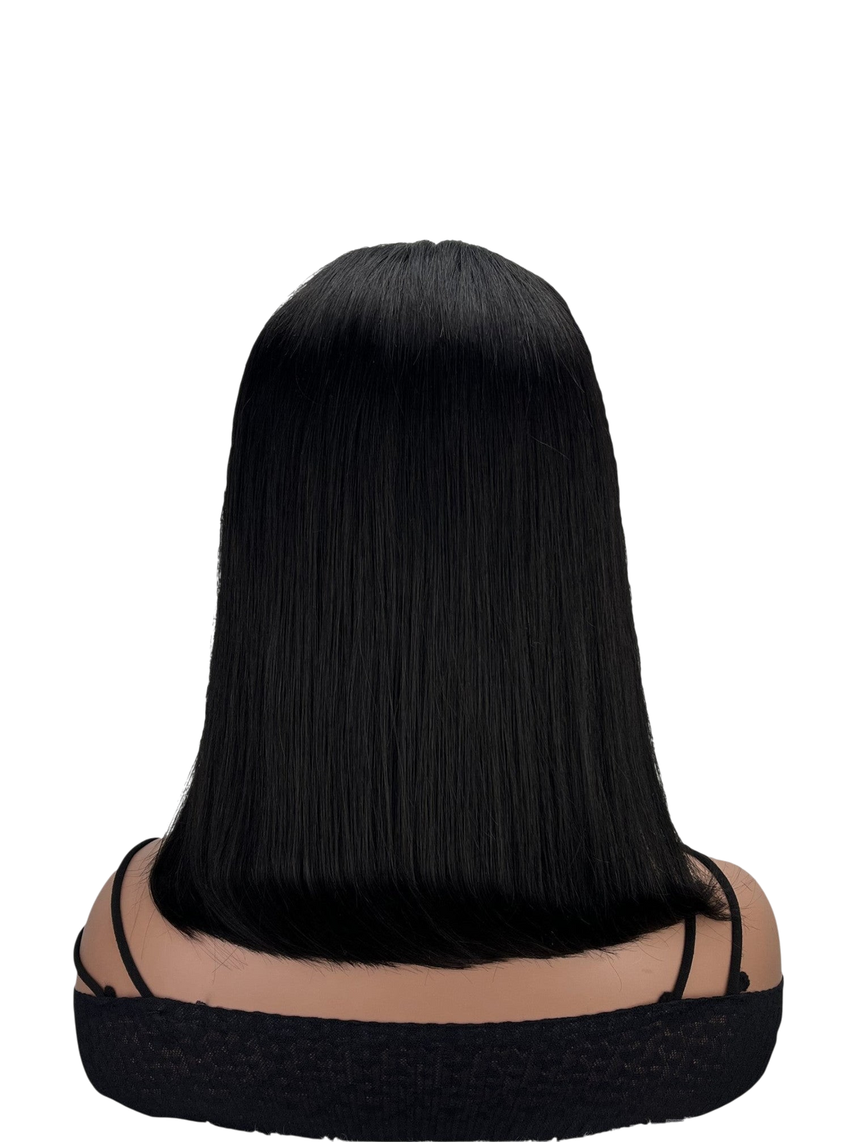 Yoyo Crown straight black bob wig on a mannequin head, viewed from the back against a draped white fabric background.
