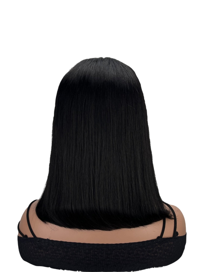 Yoyo Crown straight black bob wig on a mannequin head, viewed from the back against a draped white fabric background.