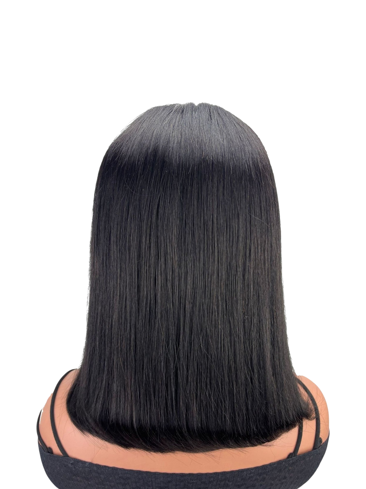 Yoyo Crown 13x4 full frontal straight black human hair bob wig viewed from the back against a draped white fabric