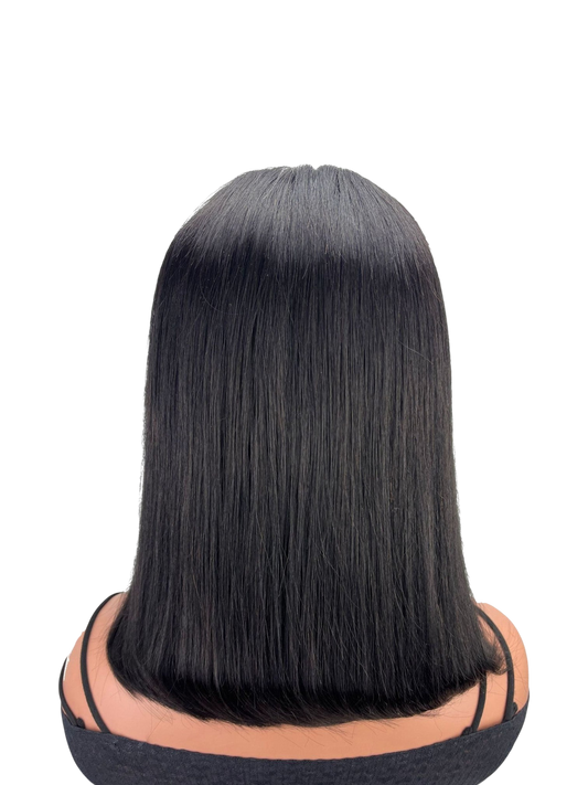 Yoyo Crown 13x4 full frontal straight black human hair bob wig viewed from the back against a draped white fabric