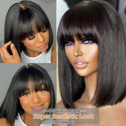 Yoyo Crown human hair straight bob wig with HD lace and bangs on a model for a natural, sleek black hairstyle.