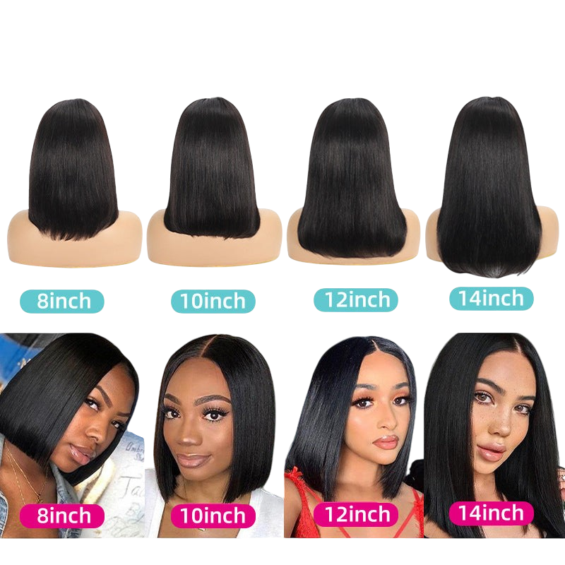 Yoyo Crown straight bob lace front human hair wigs in various lengths from 8 to 14 inches on mannequin heads