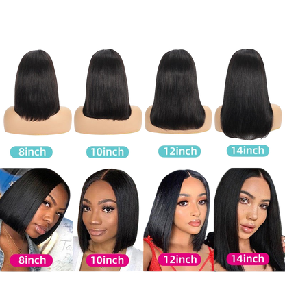 Yoyo Crown straight bob lace front human hair wigs in various lengths from 8 to 14 inches on mannequin heads