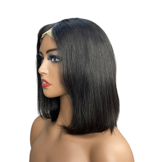 Yoyo Crown middle part bob lace front wig on a mannequin head, featuring sleek black straight synthetic hair.