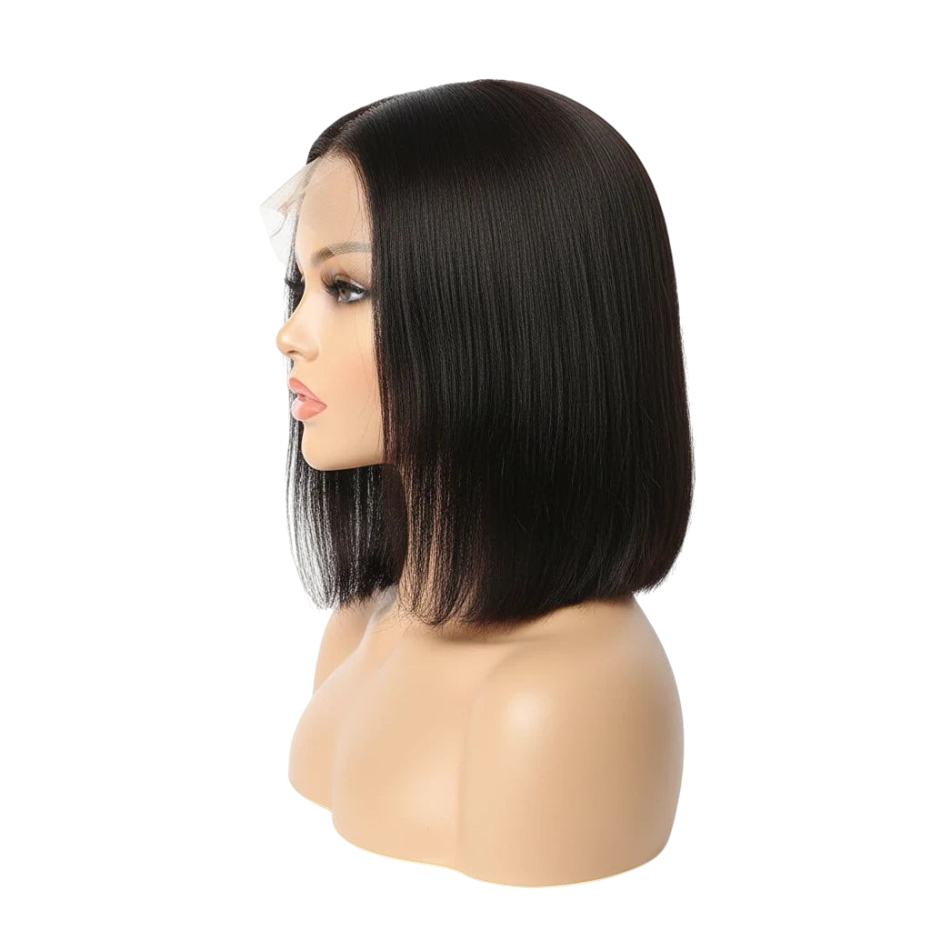 Yoyo Crown straight bob lace front human hair wig on a mannequin head, side view showing a sleek black hairstyle.