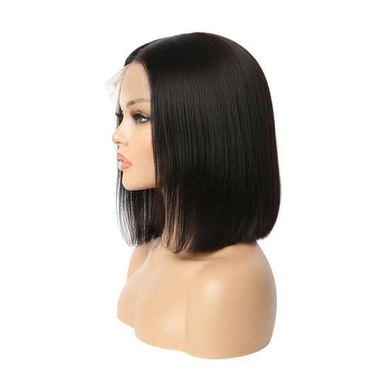 Yoyo Crown straight bob lace front human hair wig on a mannequin head, side view showing a sleek black hairstyle.
