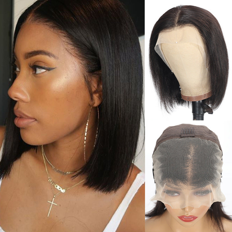 Yoyo Crown straight black bob lace front human hair wig on a model with a natural-looking 13x4 lace hairline.