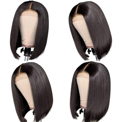 Yoyo Crown straight black bob lace front wig with a natural middle part on a mannequin head