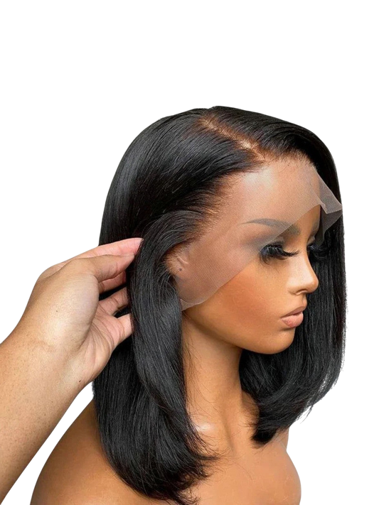 Yoyo Crown 13x4 full frontal straight human hair bob wig on a mannequin with natural lace hairline