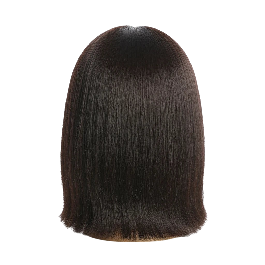 Yoyo Crown straight bob human hair wig with a sleek dark brown finish shown from the back on a mannequin head
