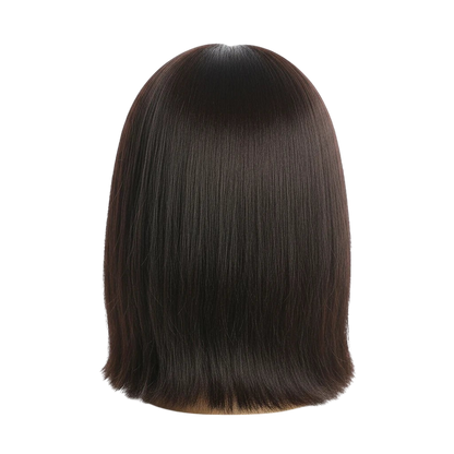 Yoyo Crown straight bob human hair wig with a sleek dark brown finish shown from the back on a mannequin head
