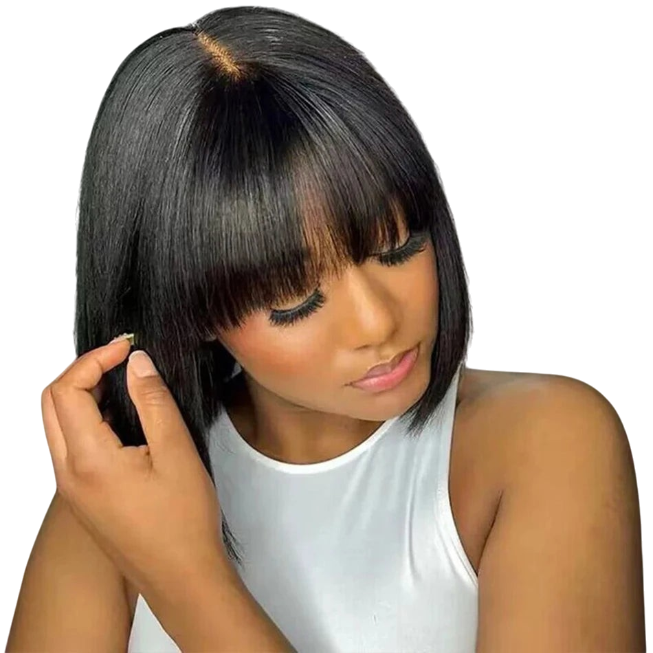 Yoyo Crown human hair straight bob wig with bangs and HD lace, featuring a sleek black finish on a model.